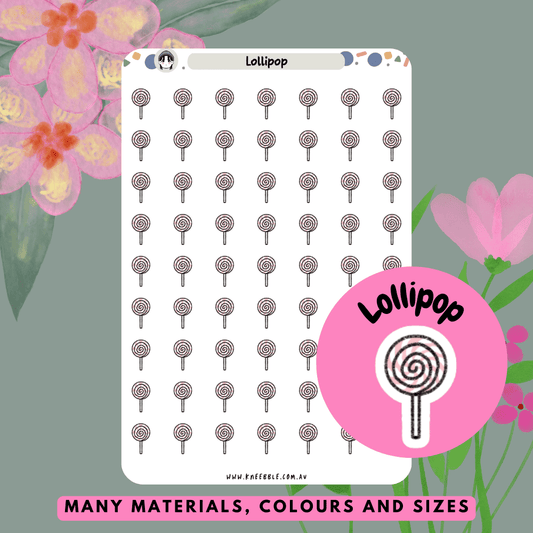 Fun and colourful lollipop planner stickers featuring swirly candy designs, perfect for adding a playful and sweet touch to planners, journals, or scrapbooks.