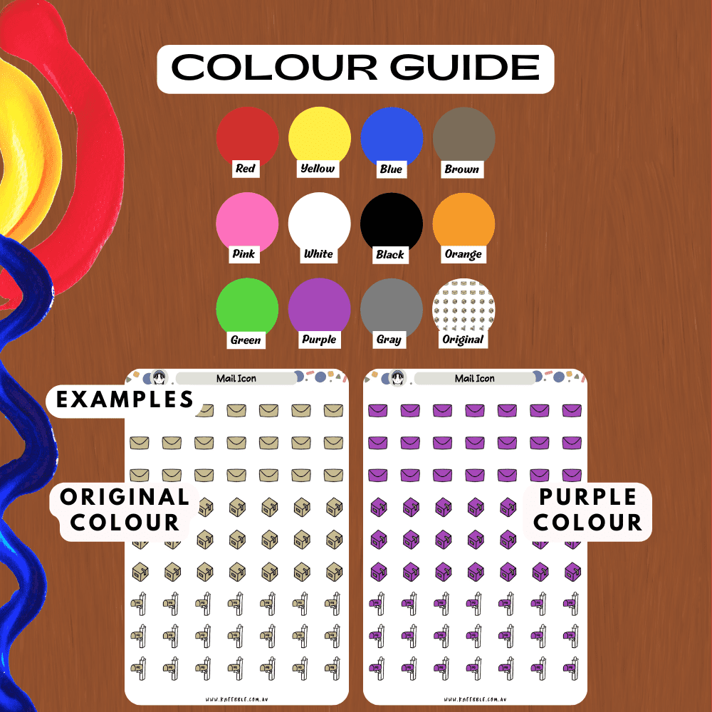 Mail icon sticker sheet colour guide offering colours such as brown and purple to choose from.