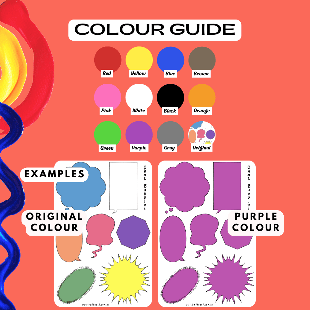 Chat bubble speech label sticker sheet colour guide reference, choose from many colours such as red and purple.