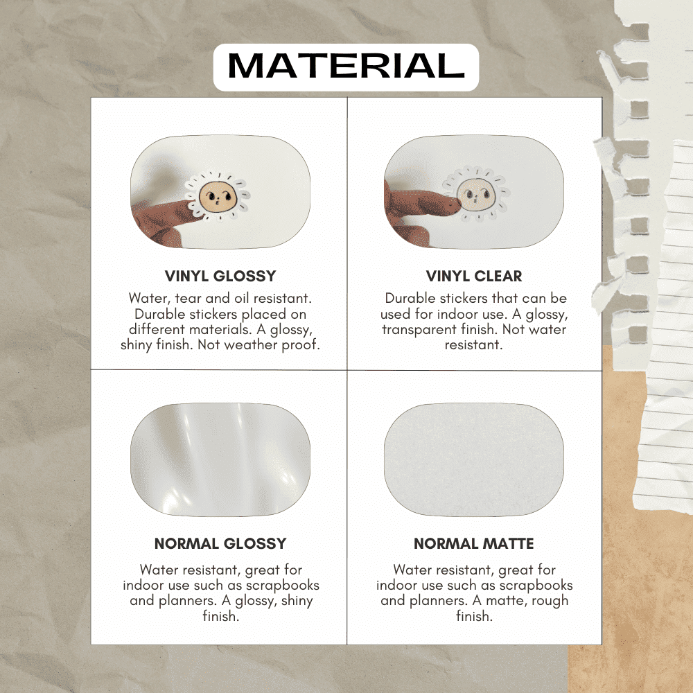 Material guide shopping sticker material option including vinyl, glossy, matte and transparent styles to choose from.