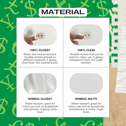 Material size guide for money budget bills planner stickers featuring vinyl, glossy, matte and transparent options.