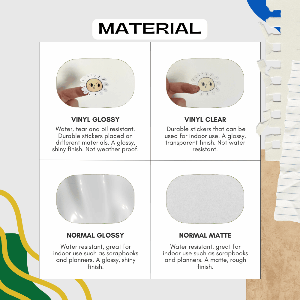 Material sticker guide for the sticker planner book, choose from matte, glossy and transparent options.