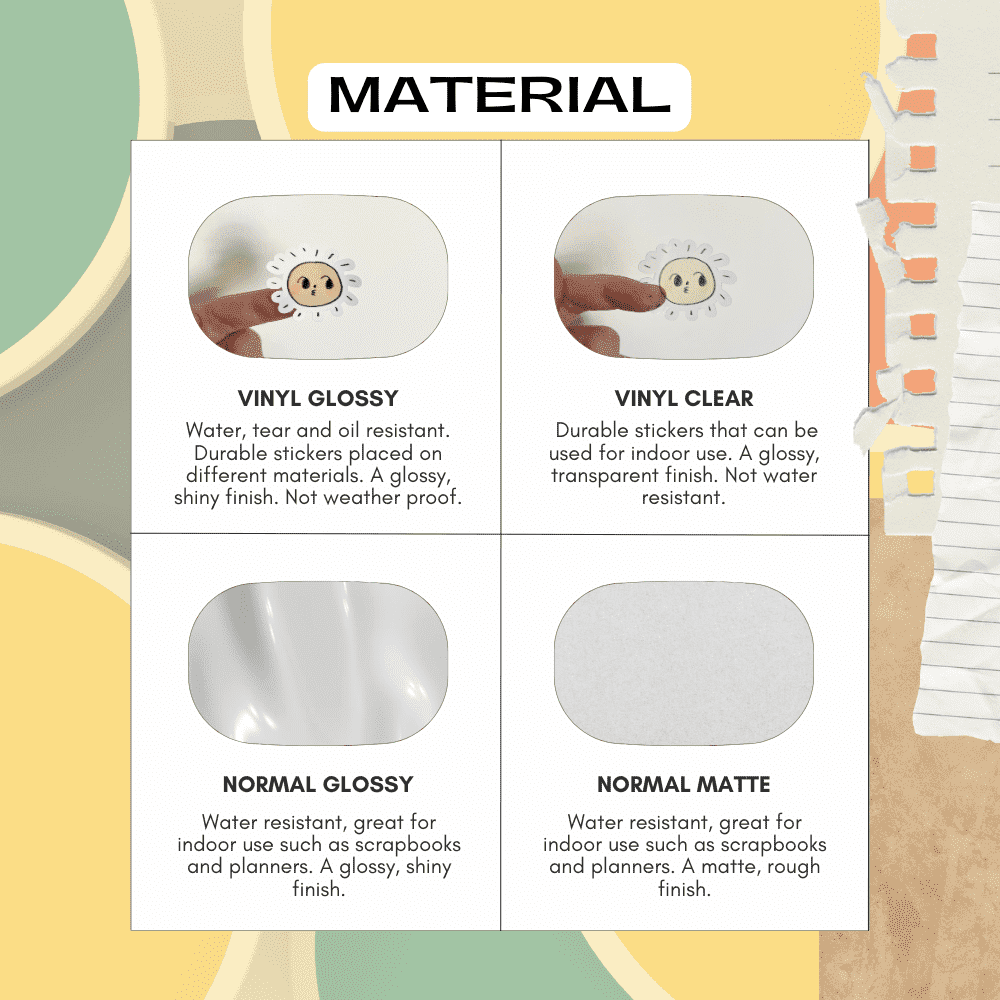 Material guide for circle dot stickers including vinyl, glossy, matte and transparent options.