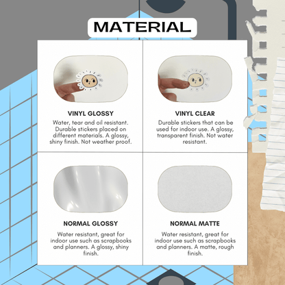 Material sticker guide for bathroom household chores stickers, choose from vinyl, glossy, matte or transparent options.