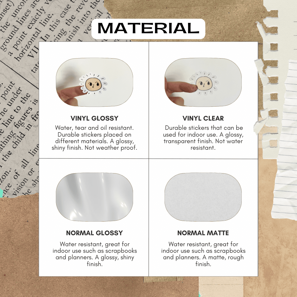 Material sticker guide for checklist box stickers featuring vinyl, glossy, matte and transparent options.