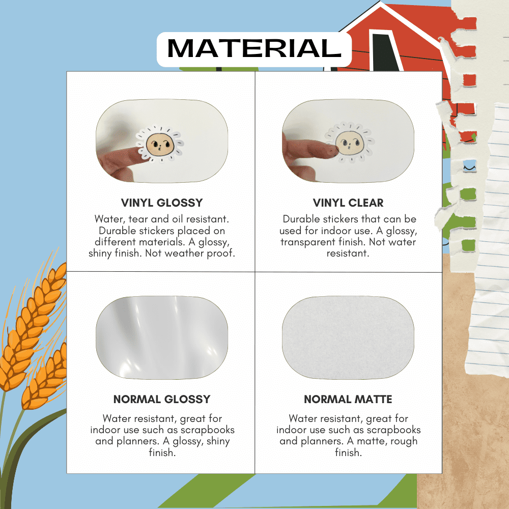 Material sticker guide for farm animal stickers, including options such as vinyl, matte, glossy and transparent styles.