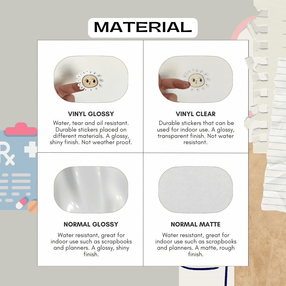 Material sticker guide for the medical job planner stickers, choose from matte, vinyl, glossy and transparent options.