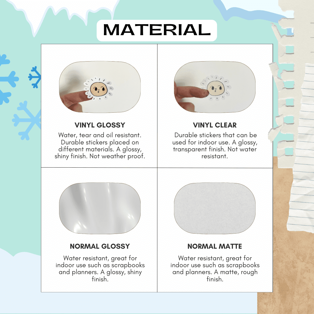 Material sticker guide for winter snow theme planner stickers, including vinyl, glossy, matte and transparent sticker options.