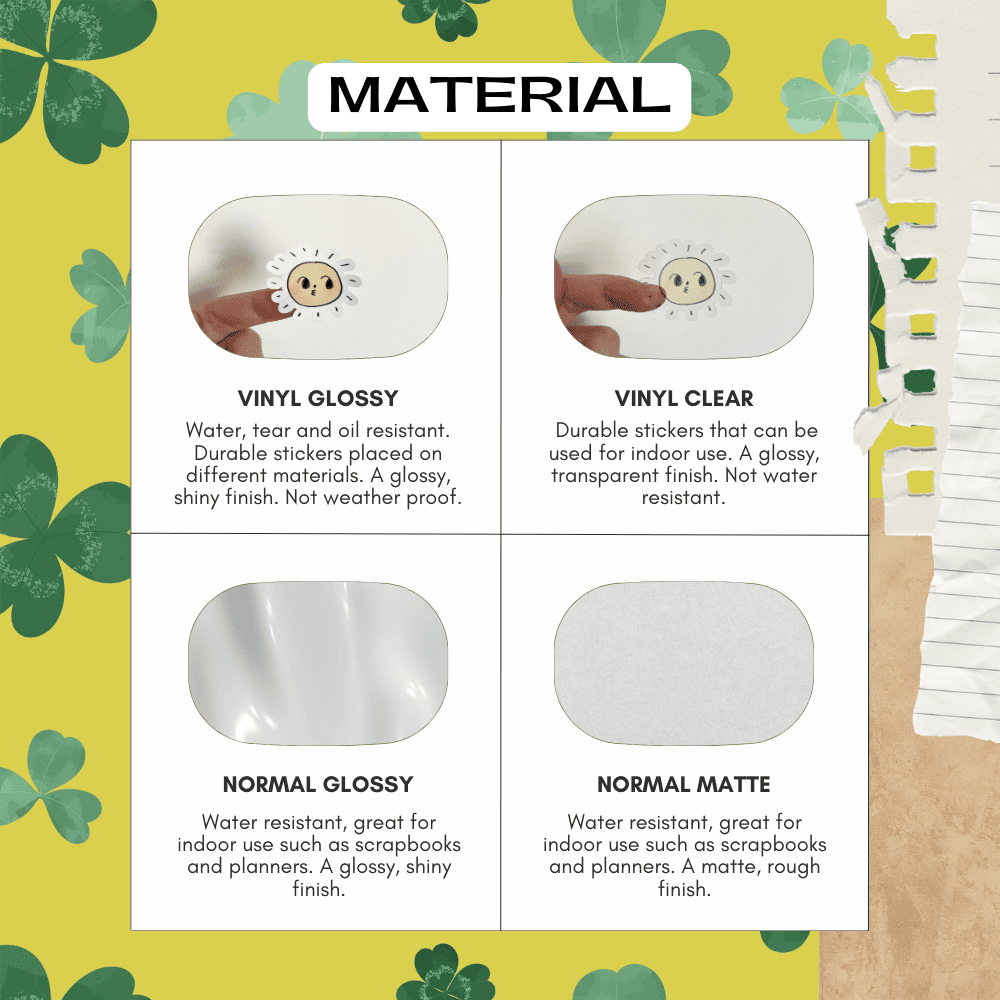 Material sticker guide for the St Patrick's Day planner stickers, choose from vinyl, glossy, matte and transparent materials.