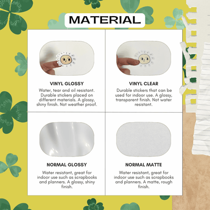 Material sticker guide for the St Patrick's Day planner stickers, choose from vinyl, glossy, matte and transparent materials.