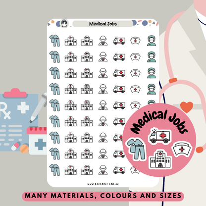 Stay organized with medical jobs planner stickers, designed for healthcare professionals. Featuring icons like medical scrubs, doctors and nurse hats, these stickers make it easy to track shifts, appointments, and tasks. A convenient and stylish way to manage your busy schedule in planners, bullet journals, or calendars.