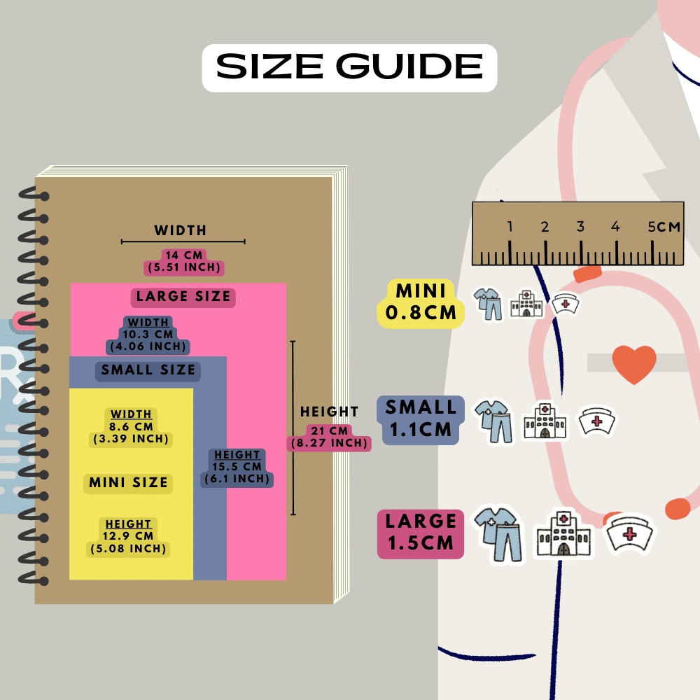 Medical job icon stickers size guide reference, choose from mini, small and large sizes.