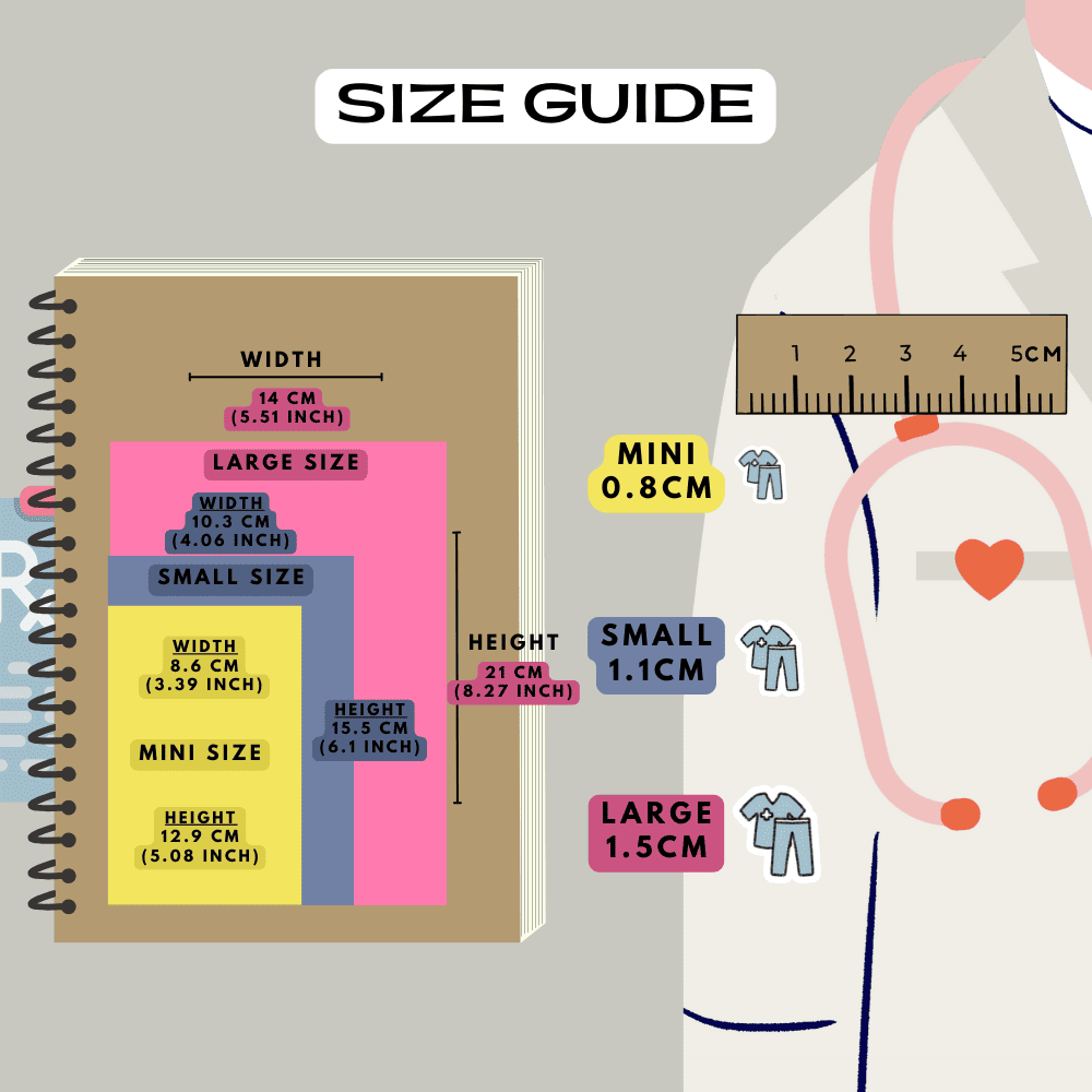 Medical scrubs uniform stickers size guide reference, choose from mini, small and large sizes.