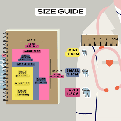 Medical scrubs uniform stickers size guide reference, choose from mini, small and large sizes.