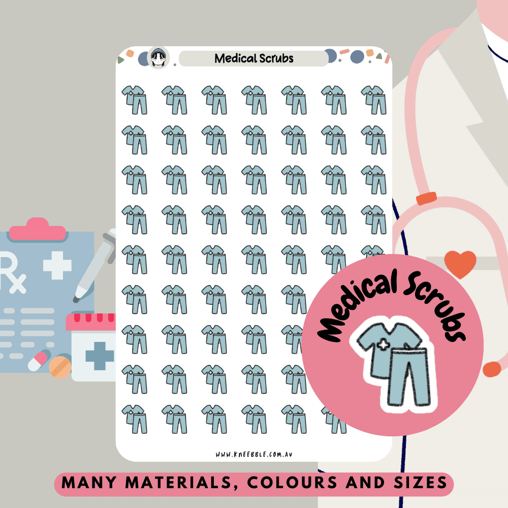 Stay organized with medical scrubs planner stickers featuring a scrubs icon. Ideal for tracking shifts, patient care tasks, and appointments, these stickers add practicality and style to planners, bullet journals, or calendars for healthcare professionals.