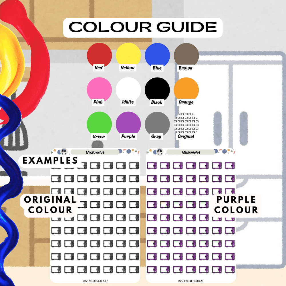 Microwave good planner sticker sheet colour guide reference, choose from many colours such as purple and red.