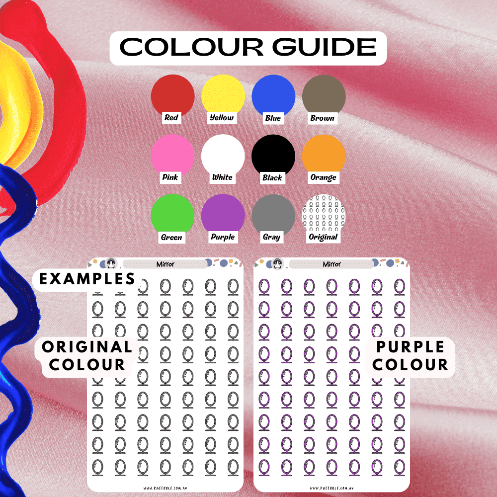 Beauty makeup mirror sticker sheet colour guide, choose from many colours such as red and purple.