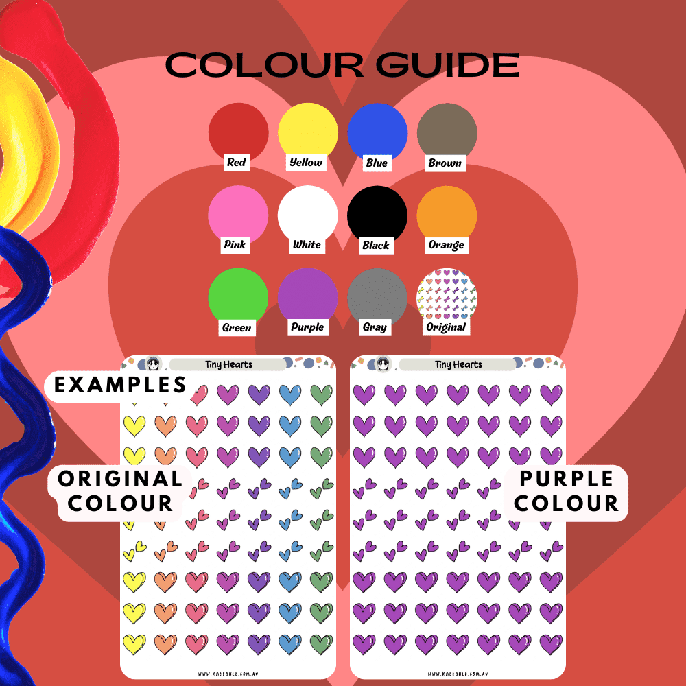 Tiny hearts mix icon sticker sheet colour guide option, including red and other colours.