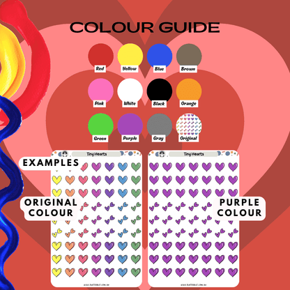 Tiny hearts mix icon sticker sheet colour guide option, including red and other colours.