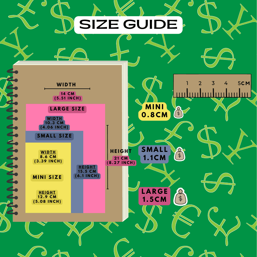 Brown money bag planner stickers size guide.