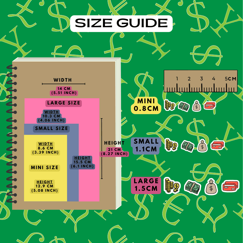 Money icon stickers size guide comparison reference guide.