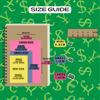 Money sticker icons size guide comparison reference.