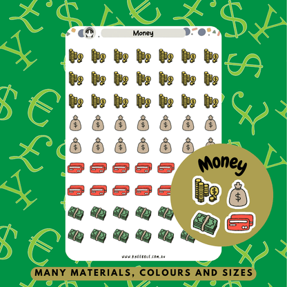 Money budget planner stickers for finances, marking expenses and tracking savings.