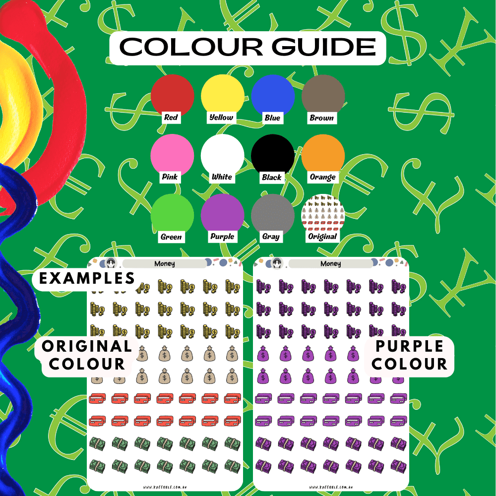 Money coins cash sticker sheet colour guide including colours such as green, yellow and red.