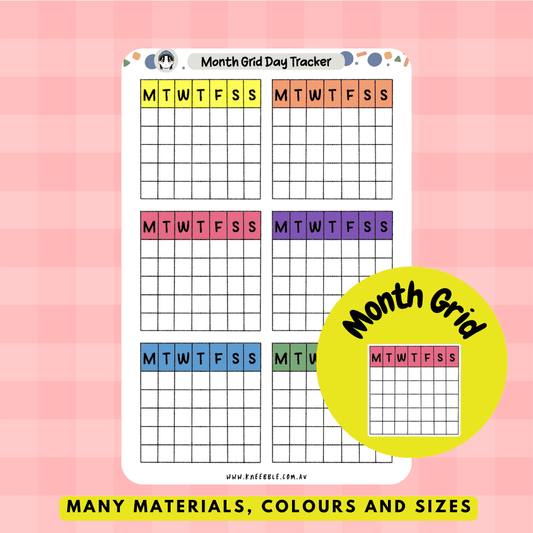 Stickers featuring a grid layout for monthly planning, perfect for organizing events, appointments, and tasks in planners or journals, offering a clear visual overview of the month.