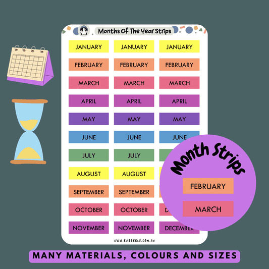 Stickers featuring monthly headers, designed to label and organize each month in planners, calendars, or journals for easy navigation and planning.