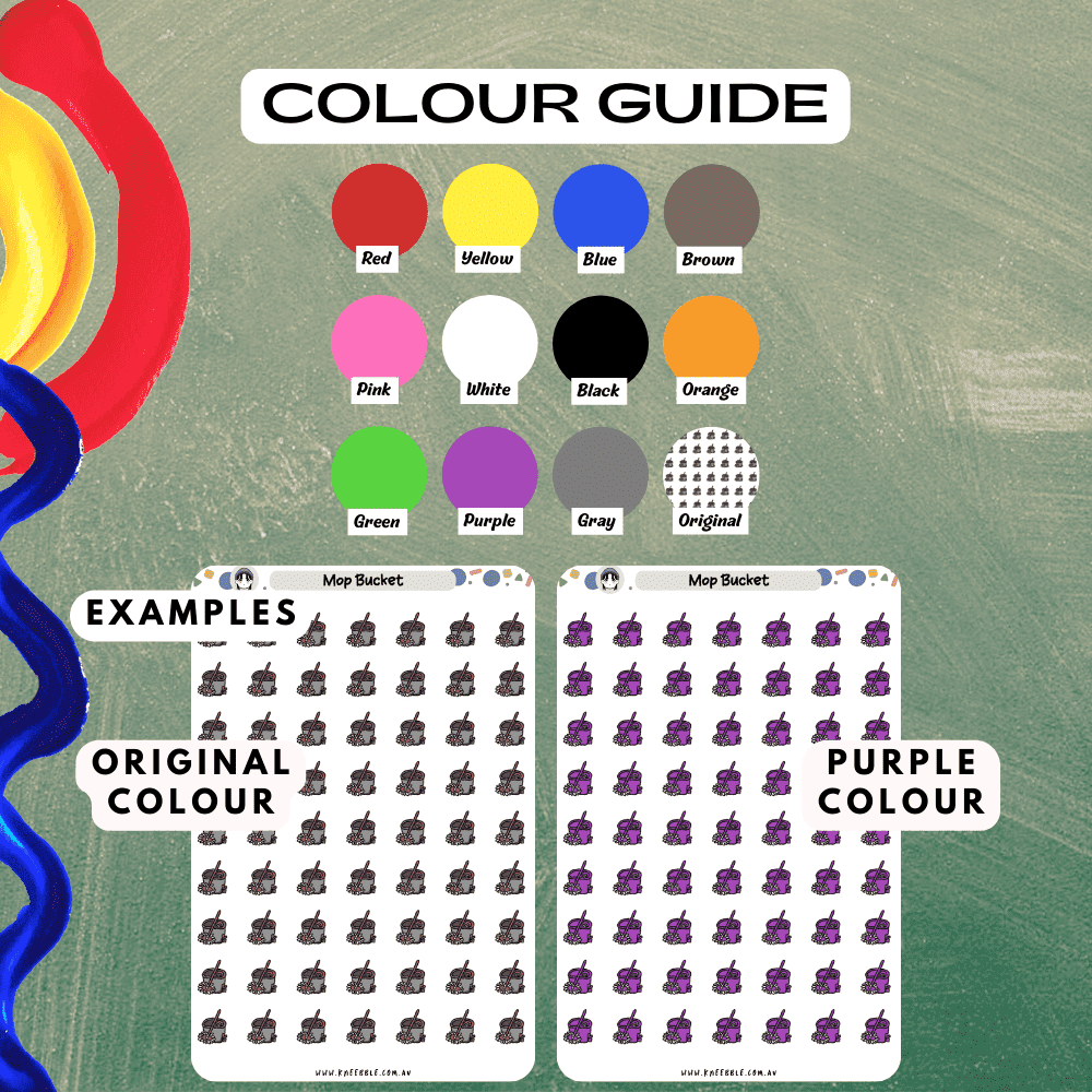 Mop bucket colour sticker sheet guide including options such as purple and red colours to choose from.