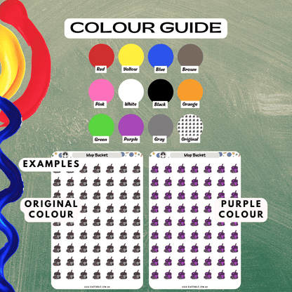 Mop bucket colour sticker sheet guide including options such as purple and red colours to choose from.