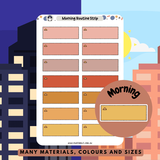 Morning label strips planner stickers designed for marking morning routines and tasks, perfect for organizing early hours in planners, journals, or scrapbooks. Featuring a rising sun on the top left corner.