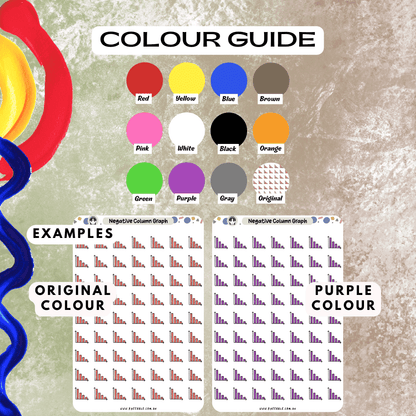 Red negative graph sticker sheet colour guide examples, featuring many colour options to choose from such as red and purple.