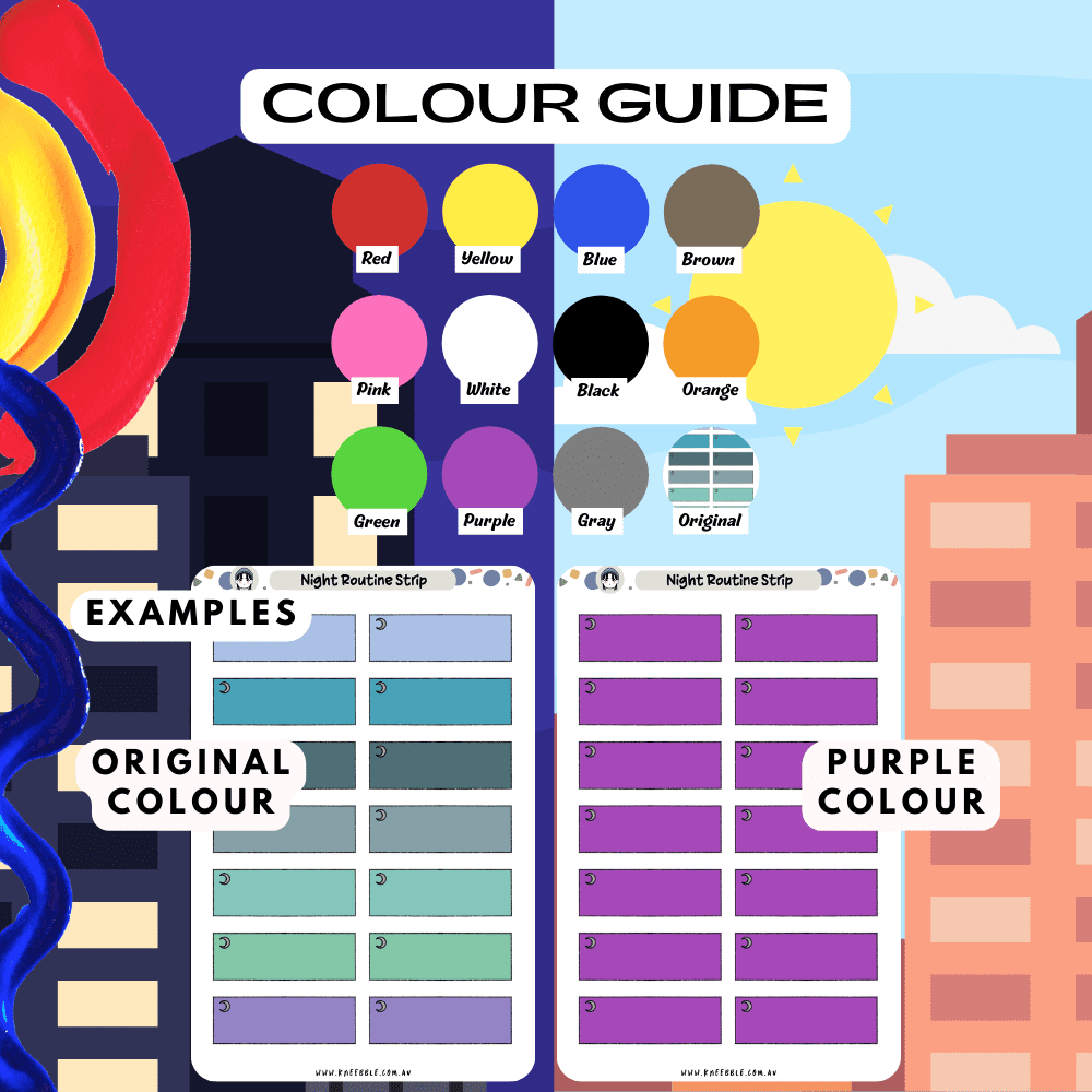 Night routine sticker sheet colour guide, choose from many colours such as red and purple.