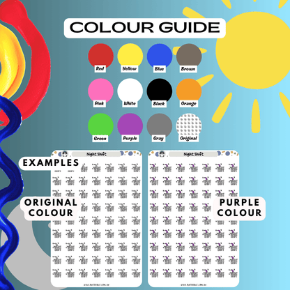 Night shift stickers colour guide reference, choose from many colours such as red and purple.