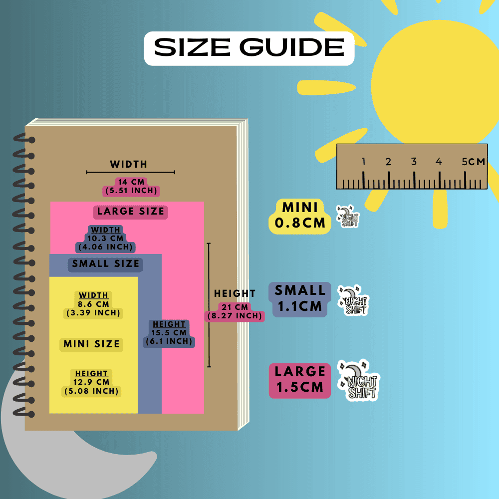 Night shift stickers size guide reference, choose from mini, small and large sizes.