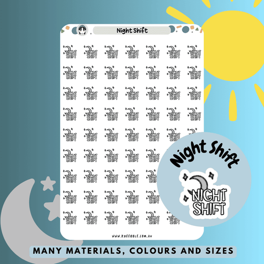 Elegant and practical night shift planner stickers featuring a moon icon, perfect for organizing work schedules and tracking nighttime shifts in planners, journals, or calendars.