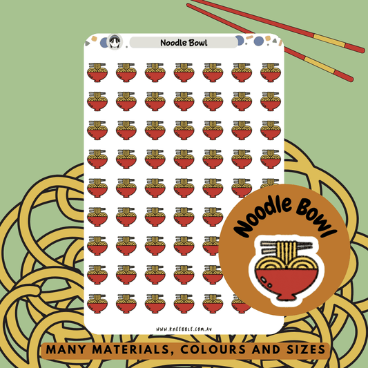 Stickers featuring bowls of noodles, perfect for marking meal planning, takeout nights, or adding a delicious touch to planners, journals, or scrapbooks.