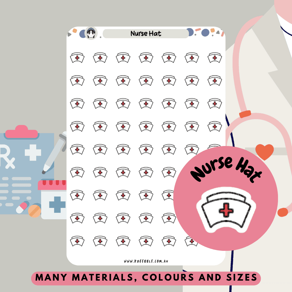 Organize your busy schedule with nurse planner stickers featuring a classic nurse hat icon. Perfect for tracking rostered shifts, patient care tasks, and appointments, these stickers bring practicality and style to planners, bullet journals, and calendars, helping healthcare professionals stay on top of their responsibilities.