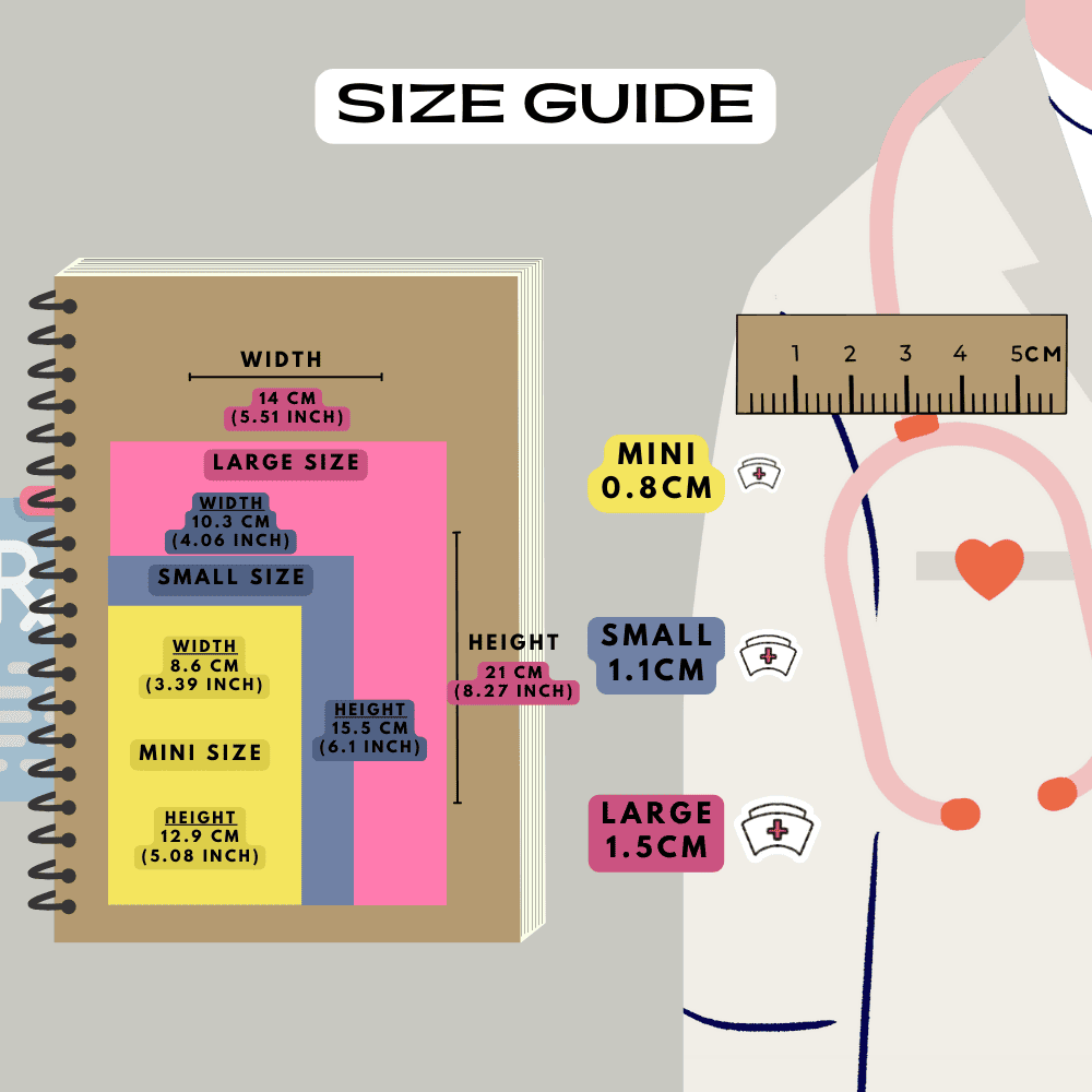 Nurse hat icon planner stickers size guide, choose from mini, small and large sizes.