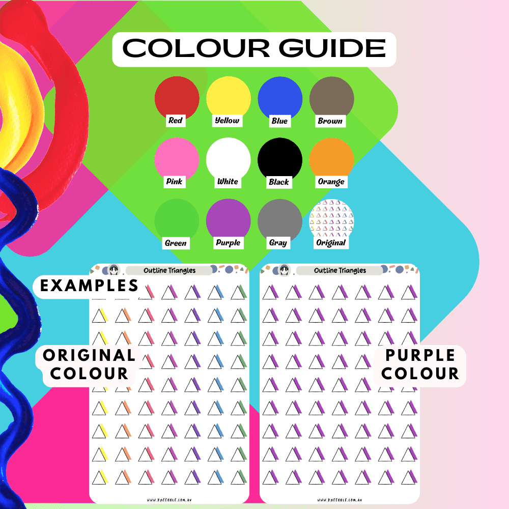 Triangle sticker sheet colour guide providing rainbow and single colour options.