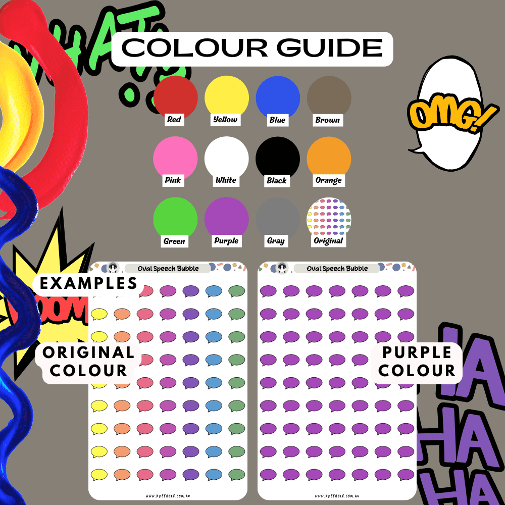 Oval chat speech bubble sticker sheet colour guide reference, choose from many colours such as red and purple.