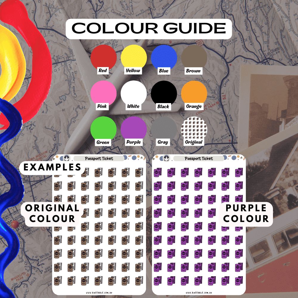 Passport ticket sticker sheet colour guide including brown, white and purple options.