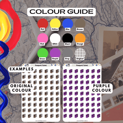 Passport ticket sticker sheet colour guide including brown, white and purple options.