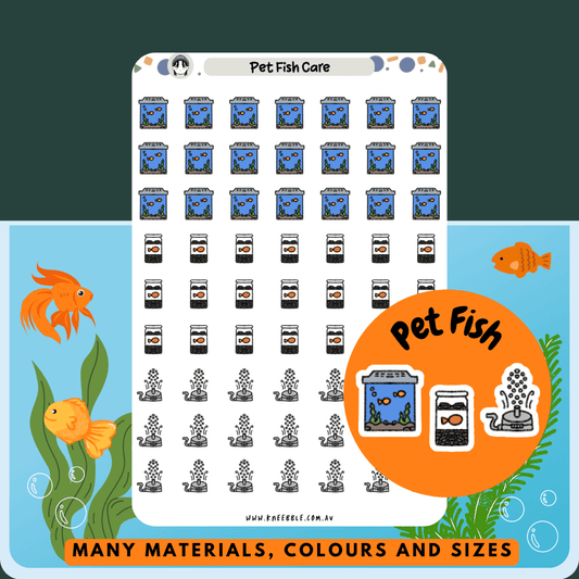 Stickers featuring colorful pet fish, perfect for adding a serene and aquatic touch to planners, journals, or scrapbooks, especially for marking fish care tasks or decorating aquatic-themed pages.