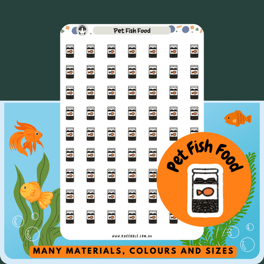 Stickers featuring pet fish food jars or containers, perfect for marking fish feeding schedules or adding a touch of aquatic care to planners and journals.