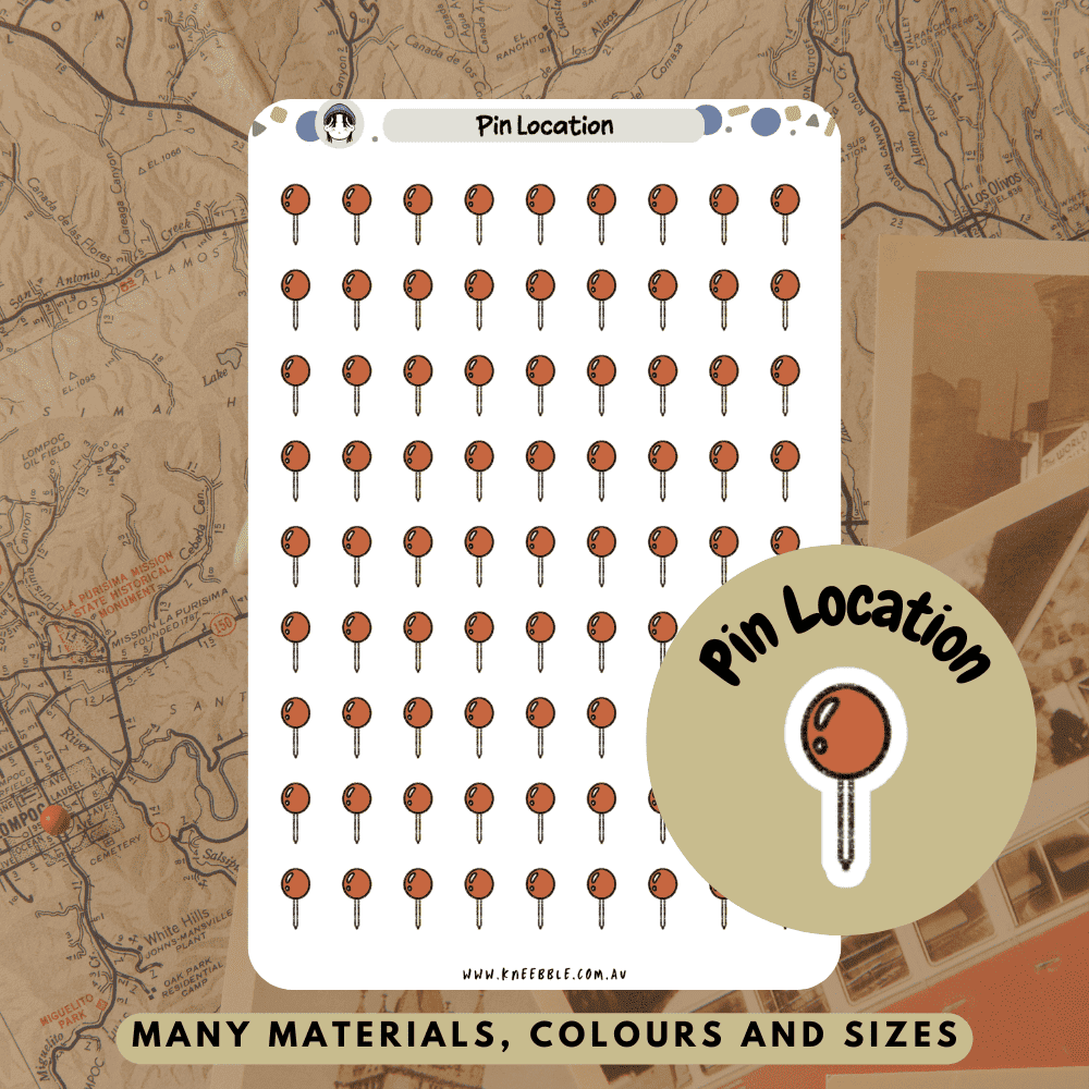 Pin map location stickers perfect for planners and journals to schedule destinations and prepare your journey.