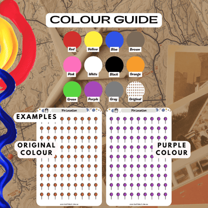 Pin location red sticker sheet colour guide examples including red and purple options.