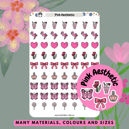 Soft pink aesthetic planner stickers featuring minimalist designs, perfect for adding a stylish and gentle touch to planners, journals, or scrapbooks.